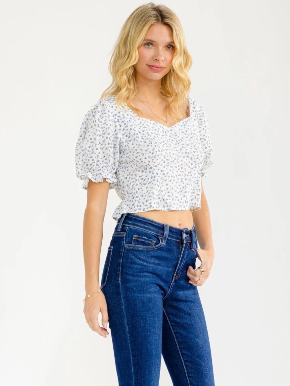"Lilou" Women's Short Puff Sleeve Square Neck Mock Floral Crop Top
